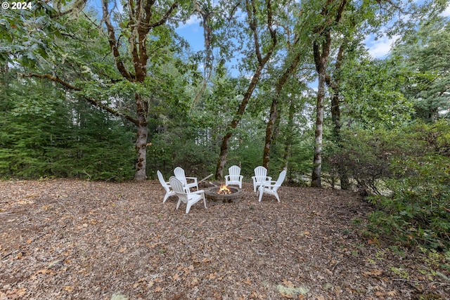 view of yard with a fire pit