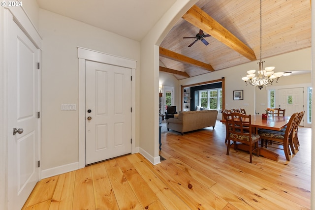 dining area featuring wooden ceiling, ceiling fan with notable chandelier, light wood-type flooring, and beam ceiling