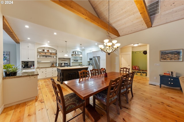 dining area with an inviting chandelier, lofted ceiling with beams, wooden ceiling, light wood-type flooring, and sink