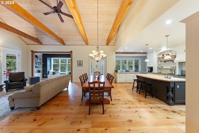 dining room with ceiling fan with notable chandelier, plenty of natural light, light hardwood / wood-style flooring, and wooden ceiling