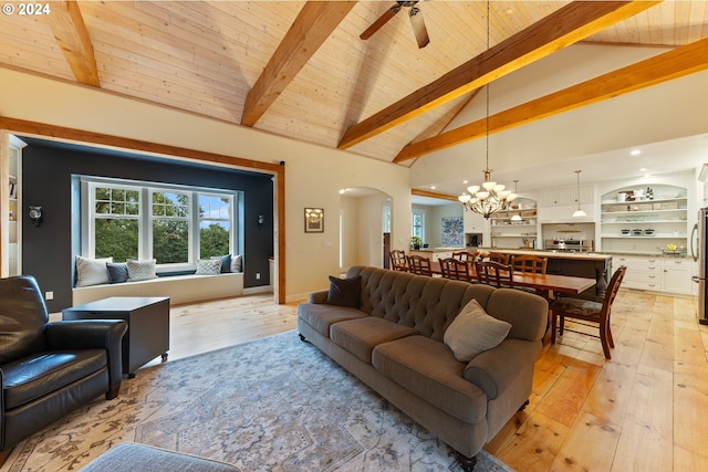 living room featuring light hardwood / wood-style flooring, ceiling fan with notable chandelier, wooden ceiling, and lofted ceiling with beams