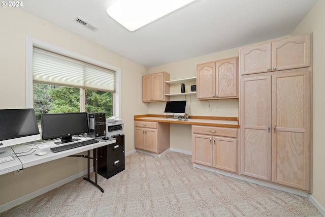 carpeted home office with built in desk