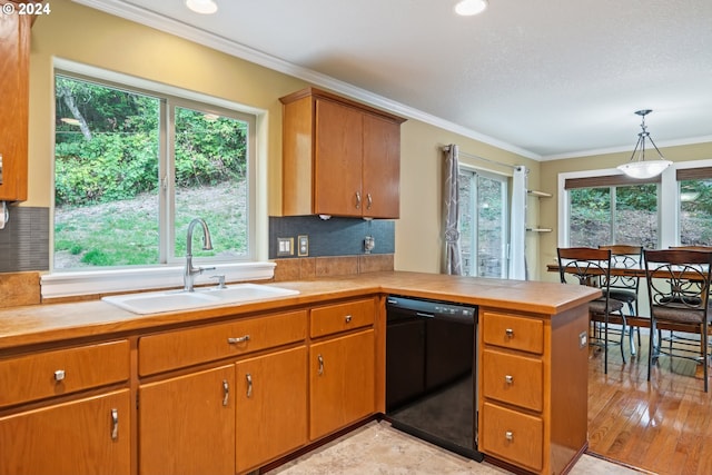 kitchen featuring black dishwasher, sink, crown molding, decorative light fixtures, and light hardwood / wood-style floors