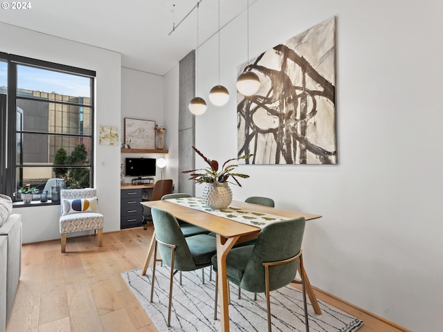 kitchen featuring stainless steel dishwasher, light countertops, light wood finished floors, a sink, and pendant lighting