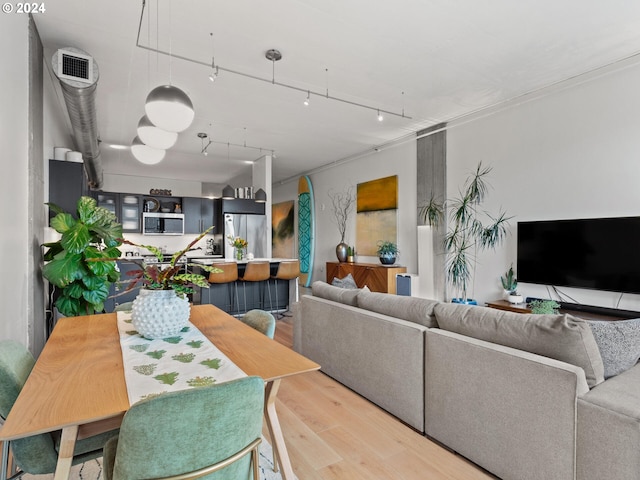 living room with hardwood / wood-style floors and track lighting