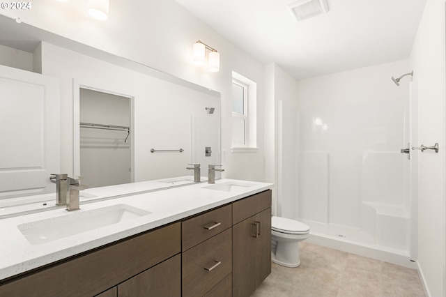 bathroom with vanity, toilet, and walk in shower