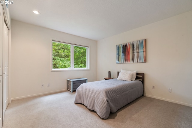 bedroom featuring light colored carpet and a closet