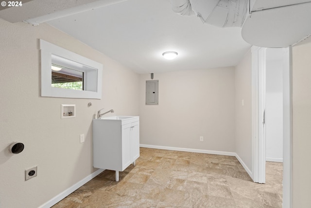 laundry area featuring sink, cabinets, electric panel, electric dryer hookup, and washer hookup