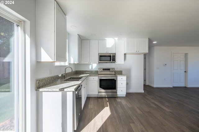 kitchen with appliances with stainless steel finishes, white cabinetry, dark wood-type flooring, and sink