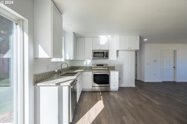 kitchen with stainless steel appliances, a sink, dark wood finished floors, white cabinetry, and light stone counters