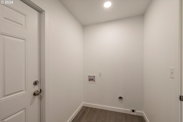 laundry room featuring electric dryer hookup, baseboards, washer hookup, dark wood finished floors, and recessed lighting