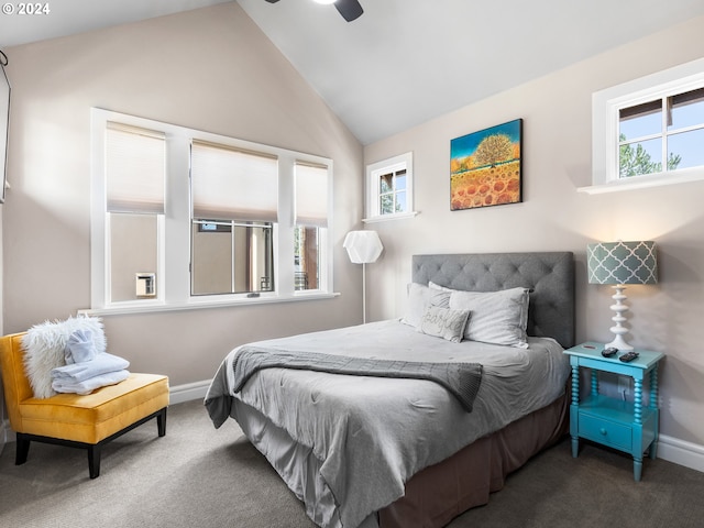 1506 NW Awbrey Rd, Bend, OR 97703 - bedroom with vaulted ceiling, ceiling fan, and dark carpet