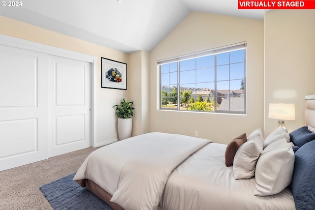 carpeted bedroom featuring lofted ceiling and a closet