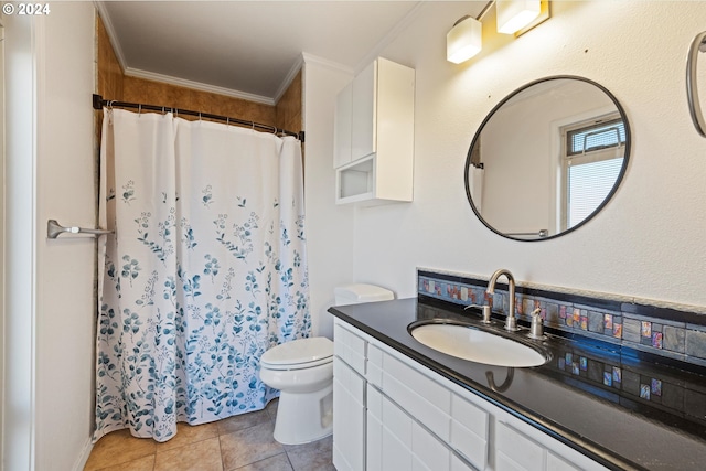 bathroom featuring walk in shower, tile patterned floors, crown molding, toilet, and vanity