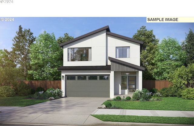 contemporary house with a front lawn and a garage