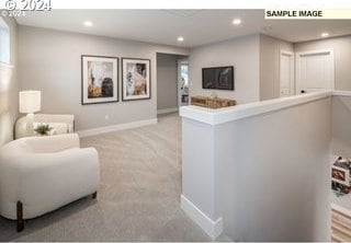 interior space featuring light colored carpet