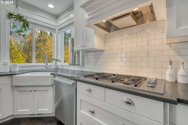 kitchen featuring backsplash, premium range hood, white cabinets, sink, and appliances with stainless steel finishes