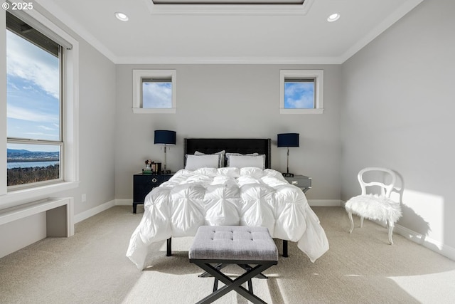 carpeted bedroom featuring crown molding, recessed lighting, and baseboards