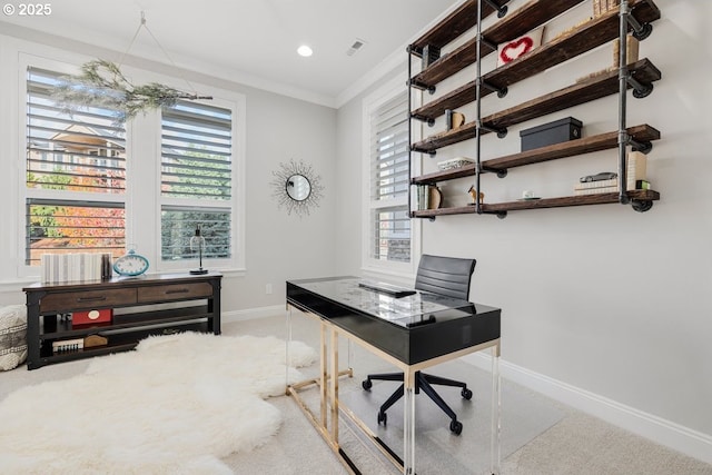 carpeted home office with recessed lighting, visible vents, baseboards, and ornamental molding