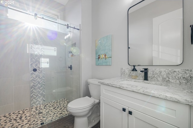 bathroom featuring a shower with door, vanity, and toilet