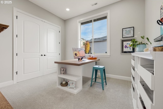 office with recessed lighting, carpet flooring, visible vents, and baseboards