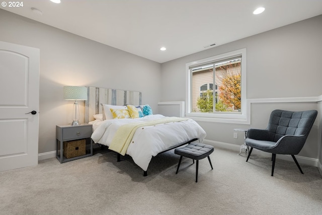 bedroom featuring recessed lighting, carpet, and baseboards