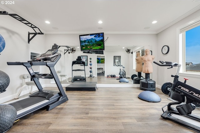 workout area featuring baseboards, wood finished floors, and crown molding