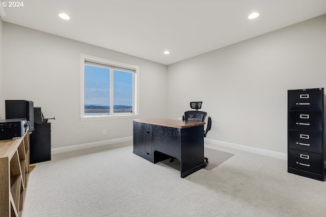 home office featuring recessed lighting, baseboards, and carpet floors