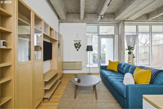 living room featuring light hardwood / wood-style flooring and a wall mounted AC