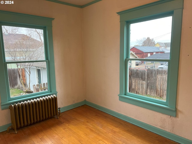 spare room featuring radiator heating unit, light hardwood / wood-style flooring, and a healthy amount of sunlight