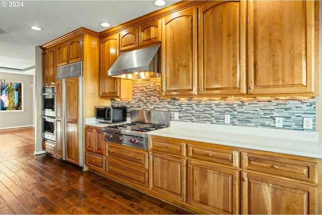 kitchen with backsplash, dark wood-type flooring, and appliances with stainless steel finishes