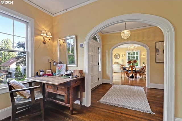 interior space with ornamental molding, dark hardwood / wood-style flooring, and a chandelier