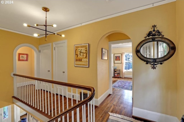 hall featuring a notable chandelier, dark wood-type flooring, and ornamental molding