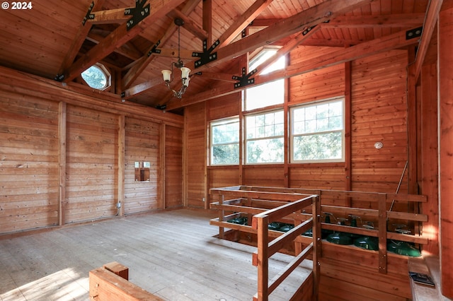 89464 Sunny Loop Ln, Bandon, OR 97411 - miscellaneous room featuring a wooden ceiling with exposed beams, wooden walls, high vaulted ceiling, and hardwood / wood-style flooring