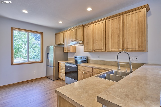 kitchen with light hardwood / wood-style flooring, stainless steel appliances, and sink