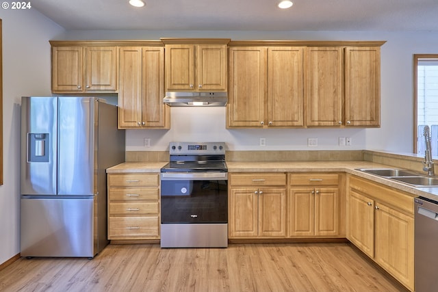 kitchen with light wood-type flooring, appliances with stainless steel finishes, and sink