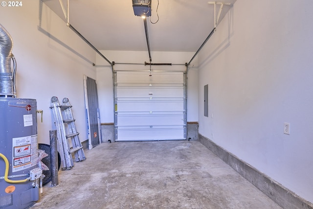 garage with a garage door opener, electric panel, and water heater