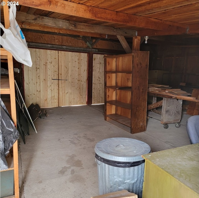 basement featuring wood walls and wood ceiling