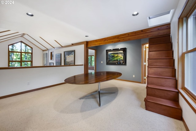 6733 NW Cornell Rd, Portland, OR 97229 - unfurnished dining area featuring carpet, plenty of natural light, recessed lighting, baseboards, and lofted ceiling