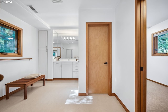 6733 NW Cornell Rd, Portland, OR 97229 - hallway with light carpet, baseboards, and a sink