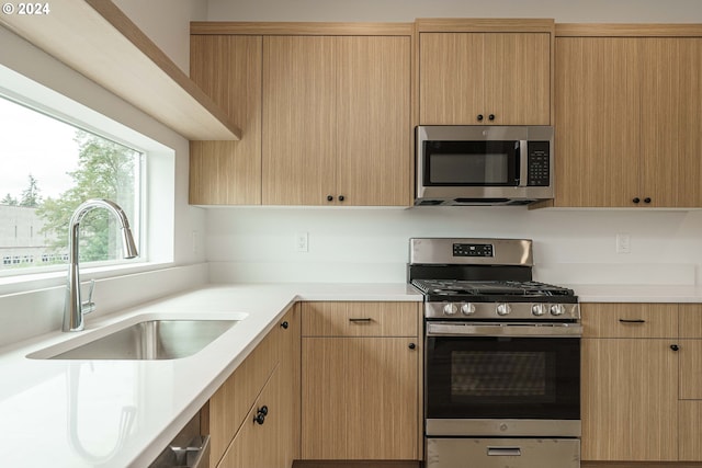 kitchen featuring appliances with stainless steel finishes, light brown cabinets, and sink