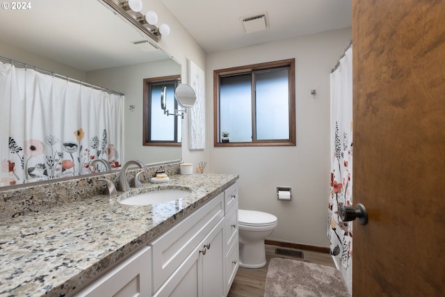 bathroom with vanity, hardwood / wood-style floors, and toilet