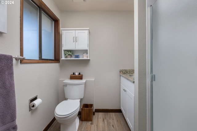 bathroom with wood-type flooring, vanity, and toilet