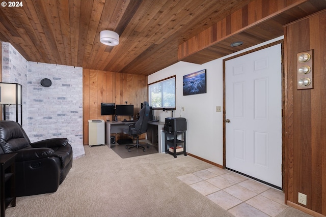 office area with wooden ceiling, wood walls, light tile patterned floors, and brick wall