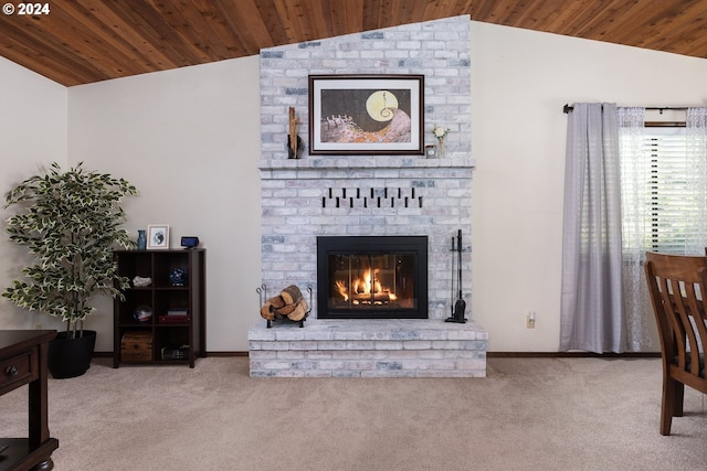 living room featuring light carpet, wood ceiling, a fireplace, and vaulted ceiling