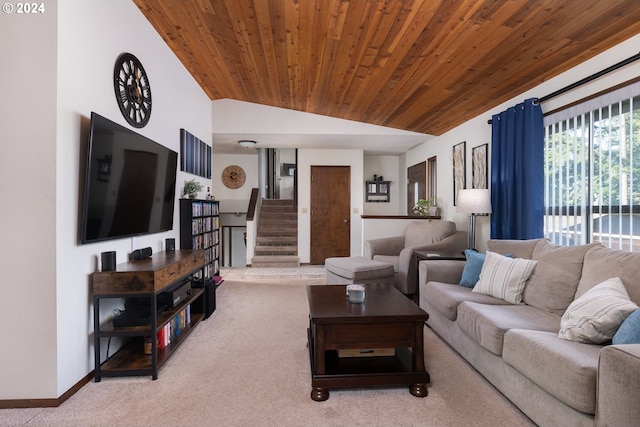 living room with wooden ceiling, lofted ceiling, and carpet floors