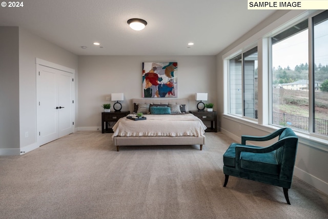 bedroom featuring light colored carpet