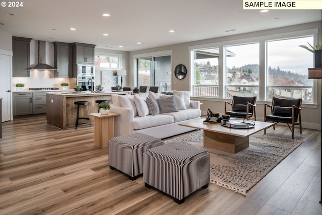 living room with plenty of natural light and light hardwood / wood-style floors