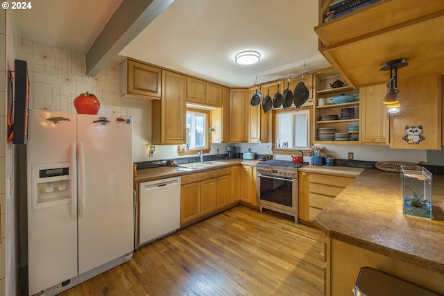 kitchen with light hardwood / wood-style floors, decorative light fixtures, sink, and white appliances