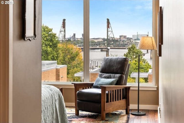 sitting room with plenty of natural light, wood finished floors, baseboards, and a water view